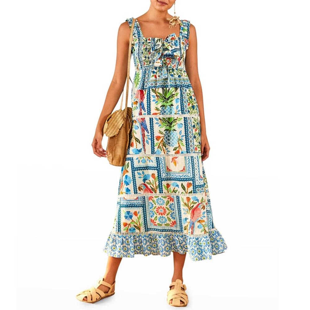FARM Rio Tropical Tiles Square Neck Maxi Dress Size S - Picture 2 of 8